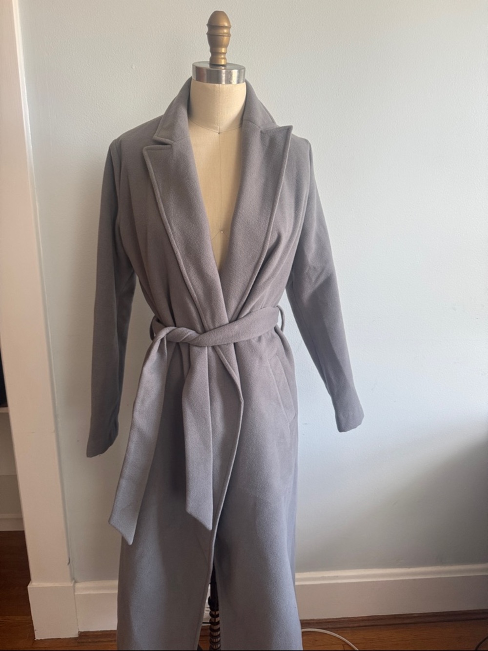 Light Gray Wrap Trench Coat with Self-Tie Belt